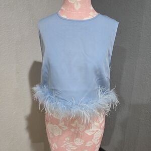 Le Lis Feather Trim Light Blue Sleeveless Crop Top